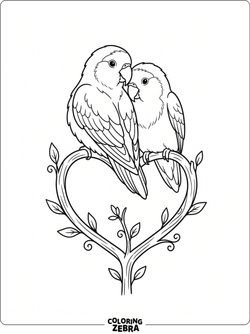Two lovebirds sitting together on a heart perch