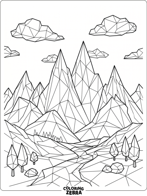 Una escena de montaña en estilo low poly con picos angulosos y nubes