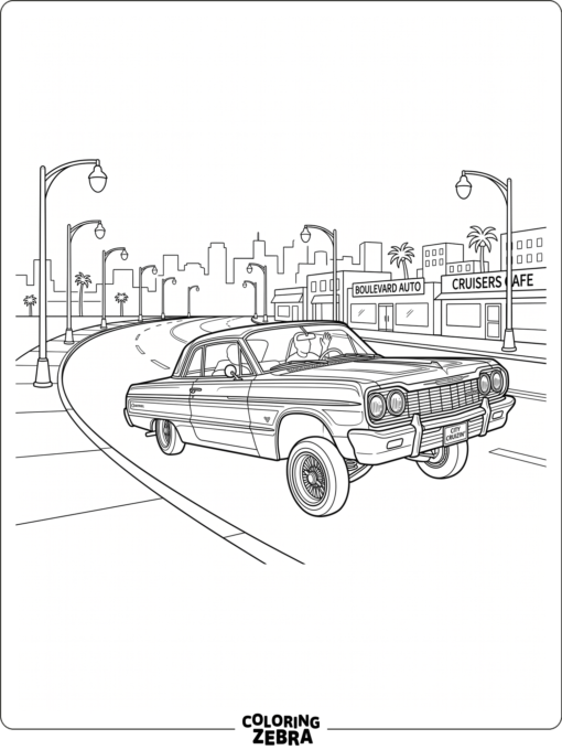 A lowrider driving along a boulevard with streetlights