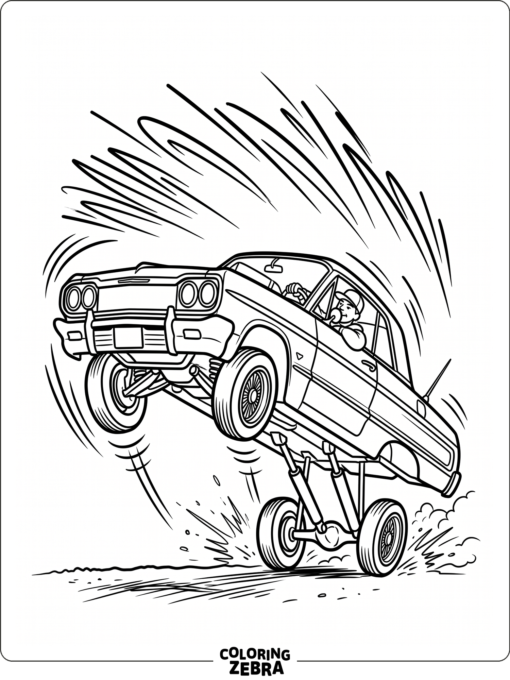 A lowrider bouncing on hydraulics with motion lines