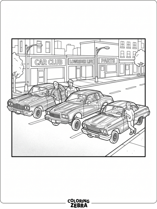 Three lowriders lined up for a car club meet