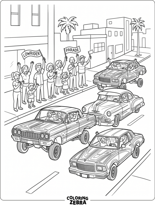 Three lowrider cars in a parade with a small crowd