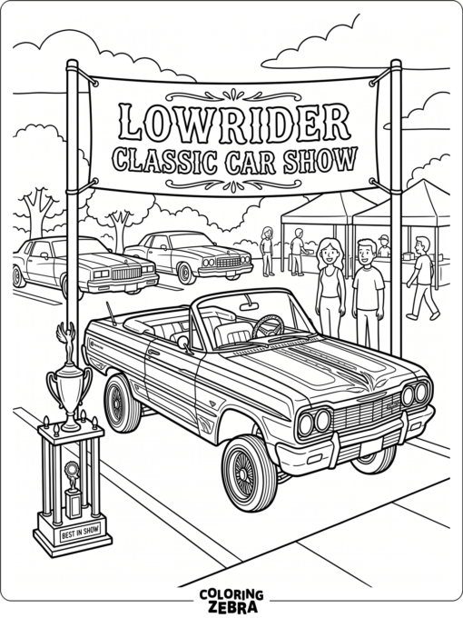 A lowrider at a car show with a trophy nearby