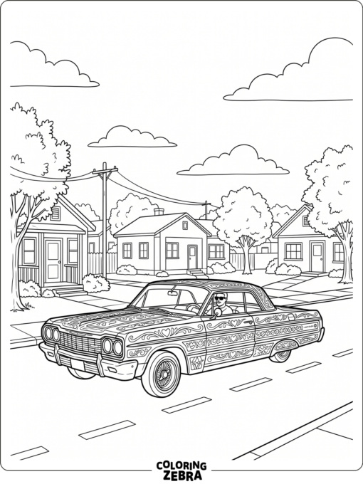 A lowrider cruising down a quiet street