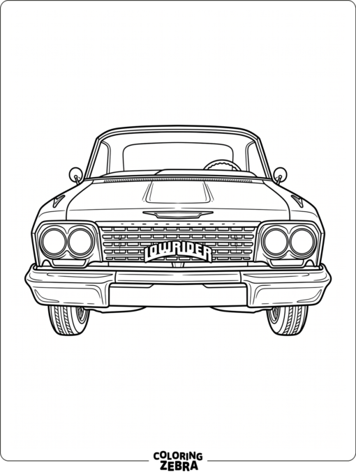 A front view of a lowrider with grille and headlights