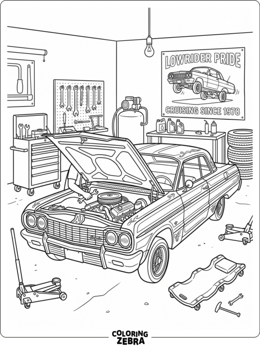 Lowrider car in a garage with tools and an open hood