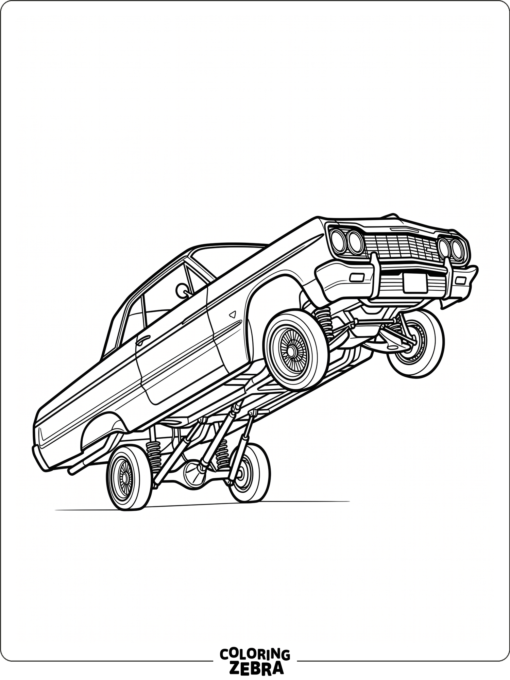 A lowrider car lifted on hydraulics with tilted wheels