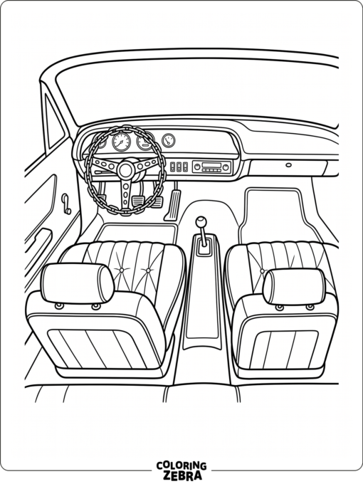 A lowrider interior with bucket seats and a steering wheel