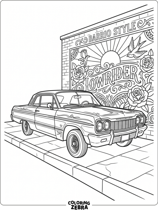 A lowrider parked beside a mural wall and curb