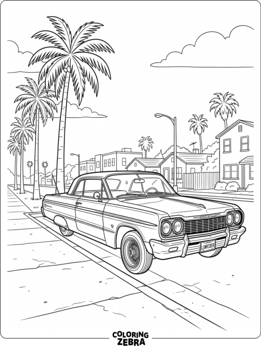A lowrider parked near palm trees on a sunny sidewalk