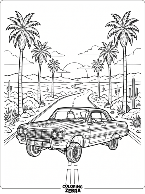 Lowrider cruising at sunset near palm trees