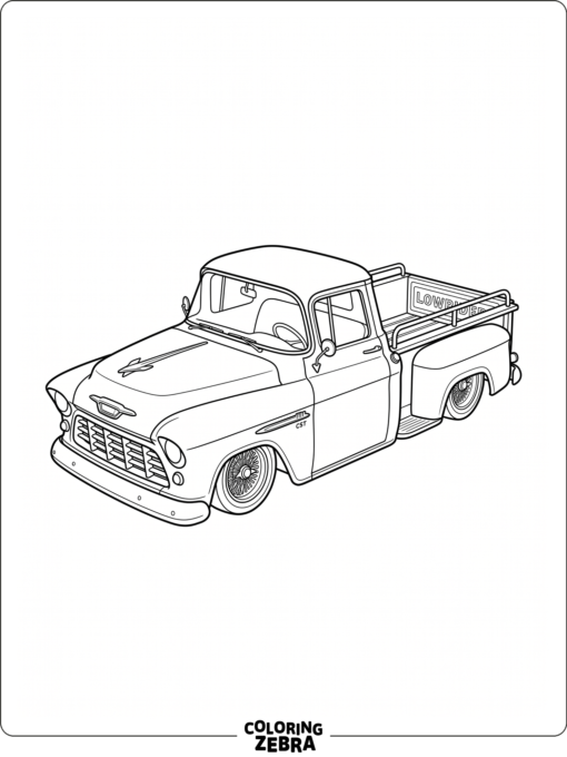 A lowered lowrider truck with bed rails and wide tires