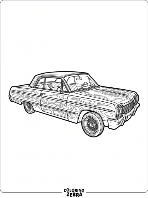A lowrider car with flowing pinstriping on the doors and hood