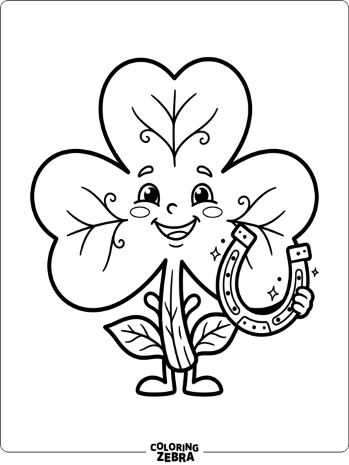 Smiling shamrock mascot with a lucky horseshoe