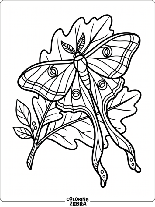 A luna moth on a leaf with long tail wings