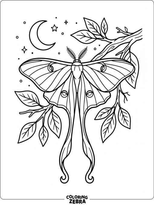 A luna moth on a branch under the moon