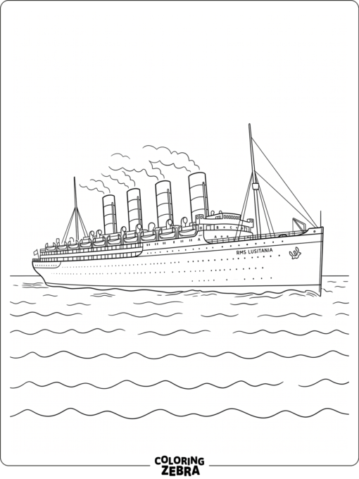 A historic ocean liner with a long hull and lifeboats