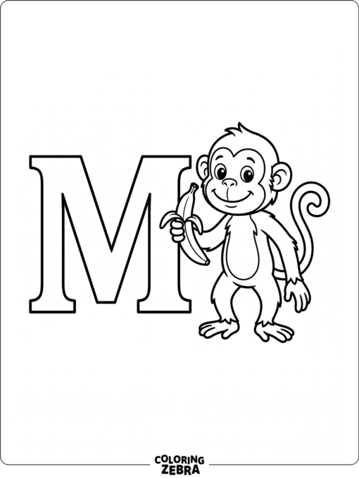 A monkey stands next to a large letter M