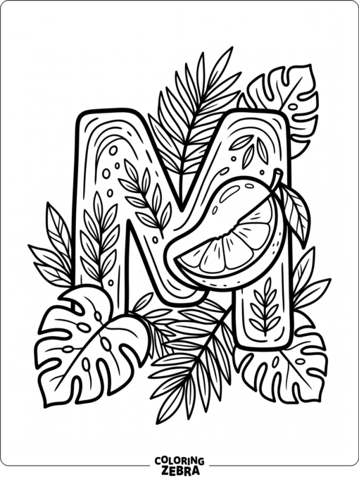 A mango slice and tropical leaves frame a large letter M
