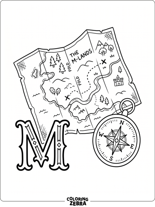 A folded map and compass sit beside a bold letter M
