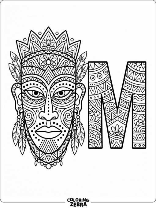 A decorative mask sits beside a bold letter M