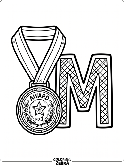 A medal with a ribbon hangs beside a bold letter M