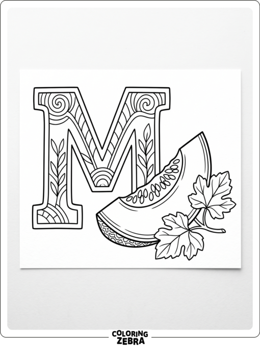 A melon slice with leaves sits beside a bold letter M