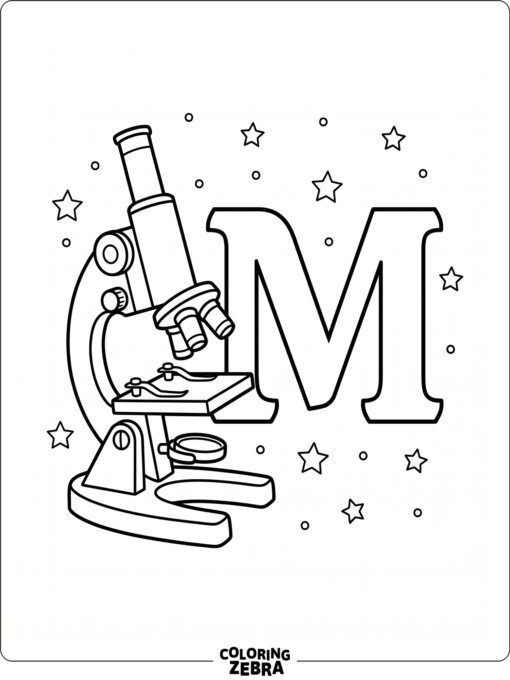 A microscope stands beside a bold letter M with tiny stars