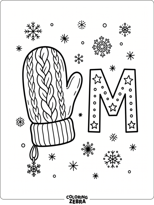 A cozy mitten sits next to a bold letter M with a few snowflakes.