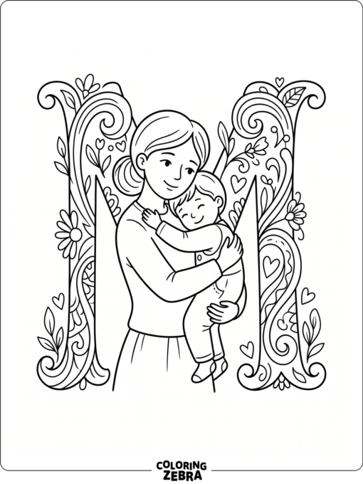A mother and child stand beside a large letter M