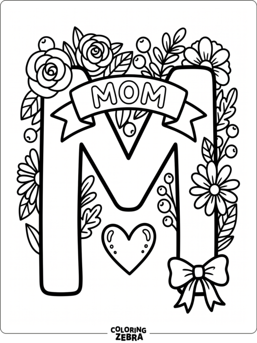 Decorated letter M with flowers and a heart