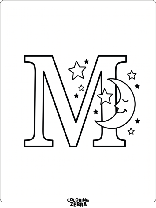 A moon and stars sit beside a large letter M