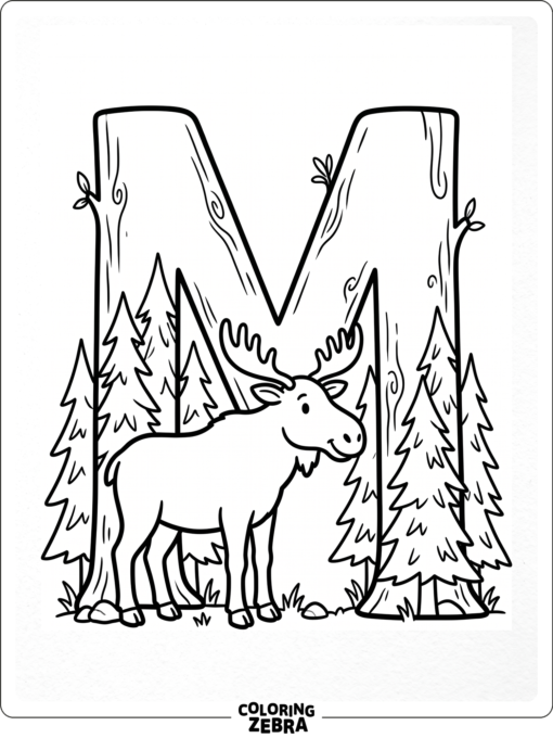 A moose stands near a large letter M and pine trees