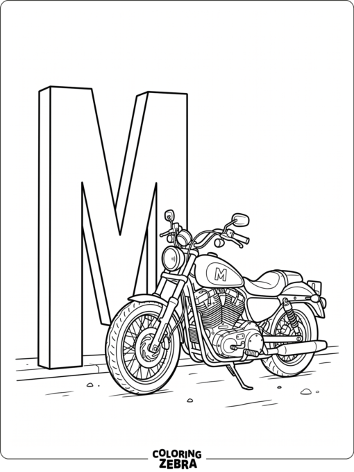 A motorcycle sits beside a giant letter M
