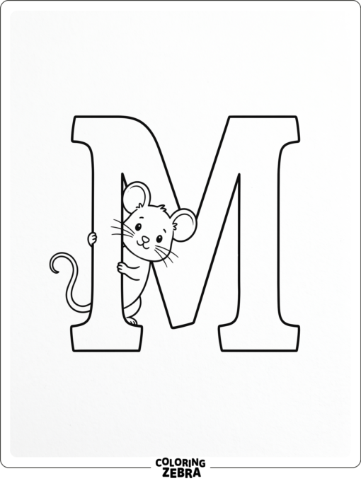 A mouse peeks from behind a large letter M