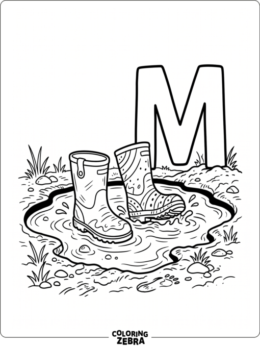 Rain boots splash near a mud puddle and a large letter M