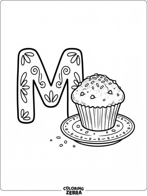 A muffin sits on a plate beside a large letter M