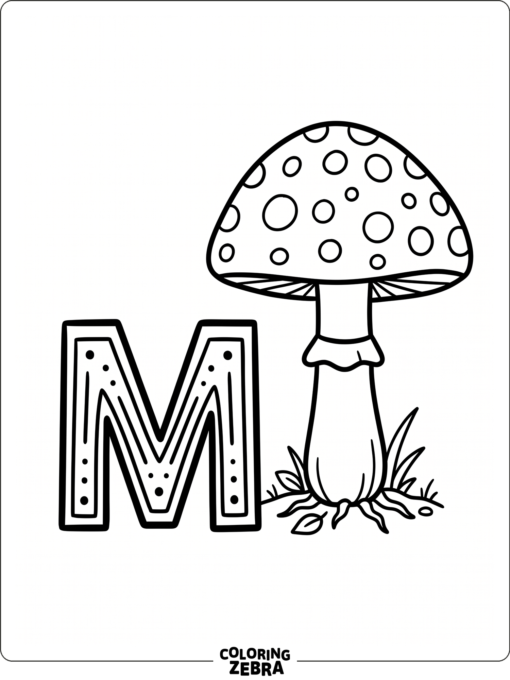 A mushroom with a spotted cap stands beside a bold letter M