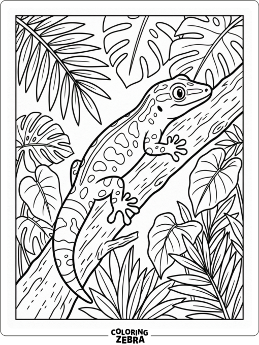 A Madagascar gecko balances on a branch with island leaves