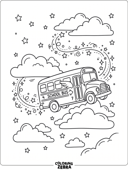 A school bus flying through clouds and stars