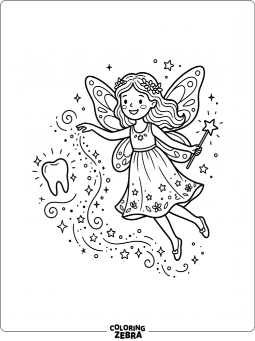 A magical fairy with sparkles and a floating tooth