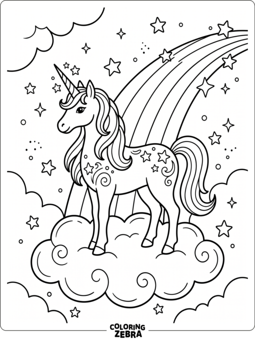 A unicorn standing on a cloud with stars