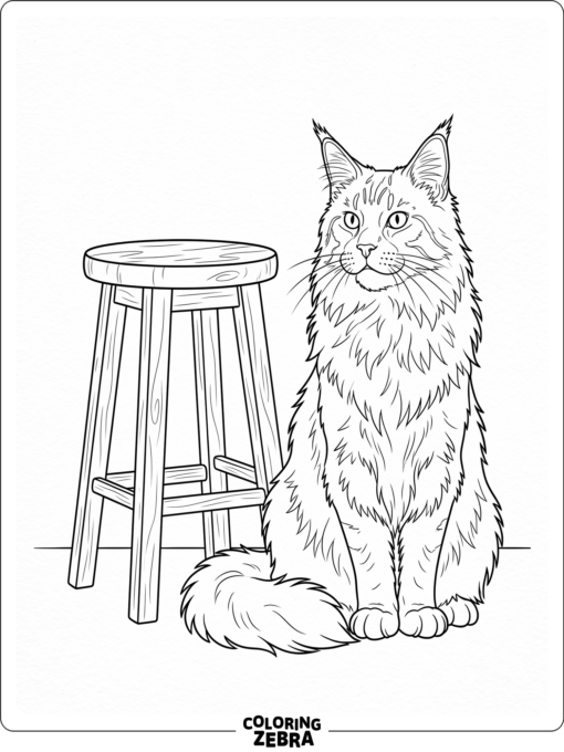 A Maine Coon cat sitting tall beside a stool