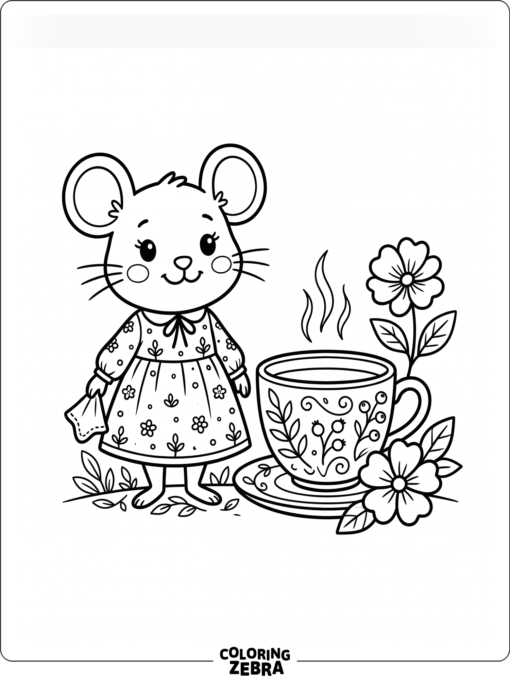 A mouse in a dress beside a teacup