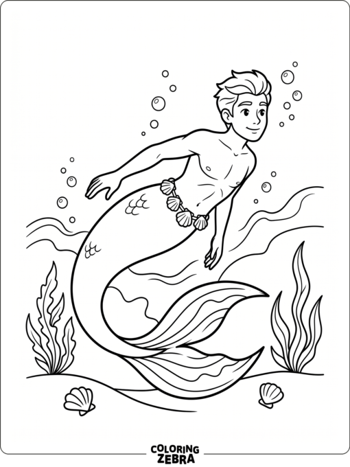 A male mermaid swimming with a shell belt