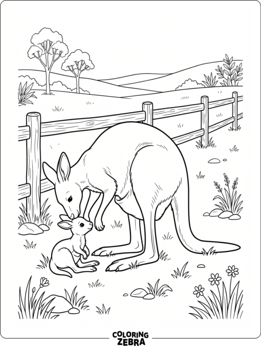 A mama kangaroo bending toward her baby near a fence