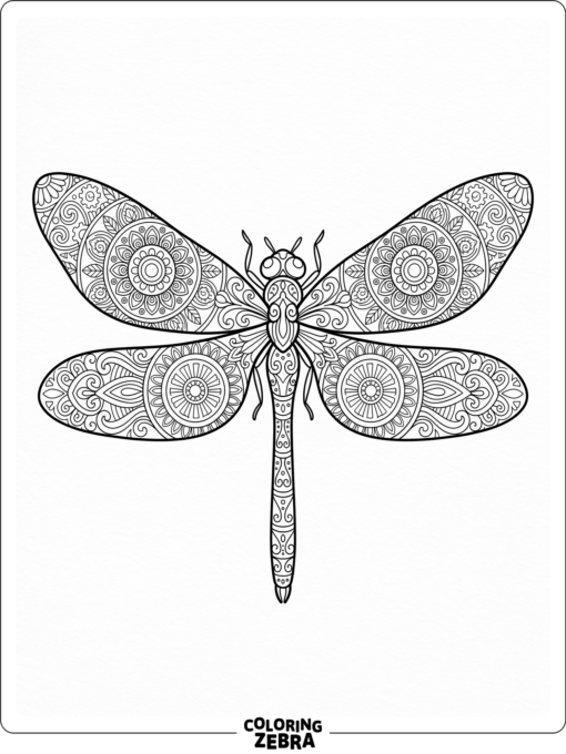 An ornate dragonfly with mandala wings and patterns