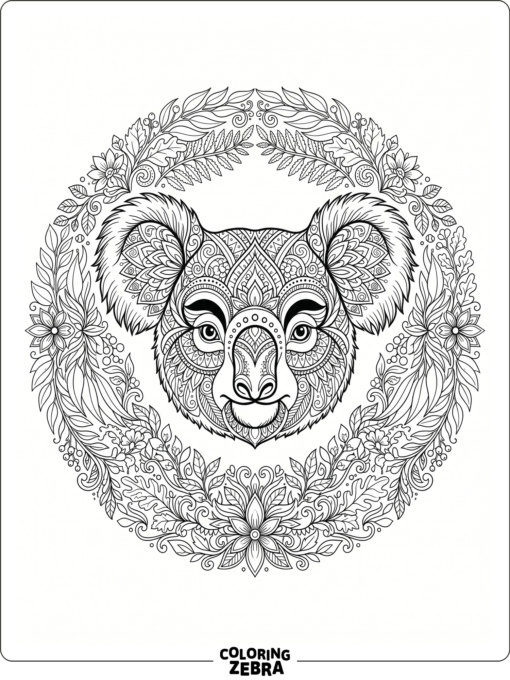 A koala face framed by circular mandala leaves