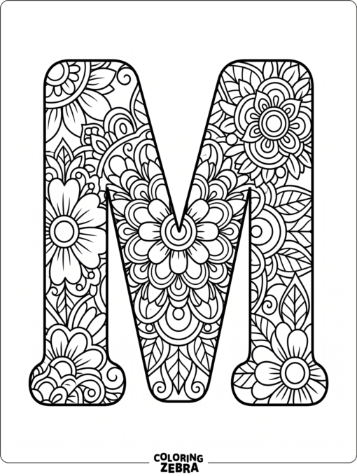 A mandala-style letter M with circular floral patterns