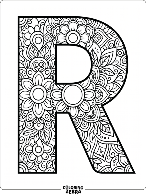 A large R with mandala petals and circles